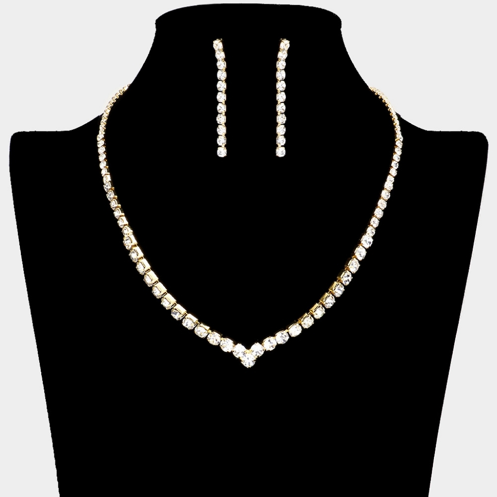 Gold Round Rhinestone Necklace Chain Crystal Black Tie Formal Jewelry Set